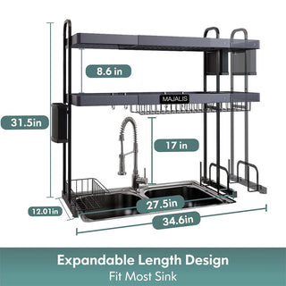 MAJALiS Over Sink Dish Drying Rack Stainless Steel 2 Tier Large Dish Drainer Above Sink Adjustable 27.5" - 34.6"