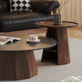 JASIWAY Round High-Low Combo Coffee Table Solid Wood Slate with Storage