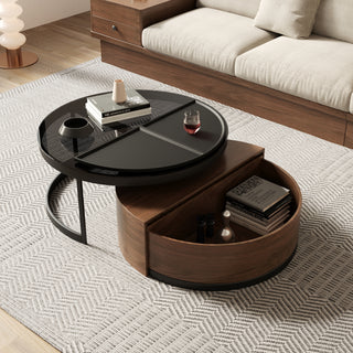 JASIWAY Black & Walnut Round 360-Degree Rotation Coffee Table Set Storage