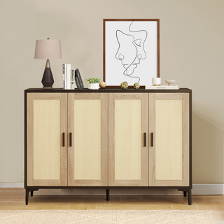 JASIWAY 48.42 Inch Sideboard Cabinet with Rattan Decorated 4-Doors