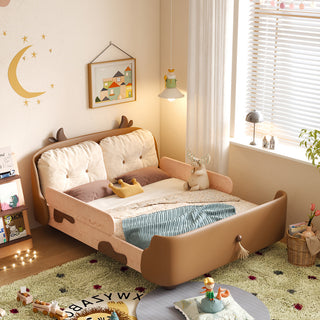 JASIWAY Wooden Kid Bed with Cow Design,Safety Rail & Soft Headrest