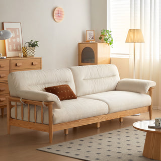 JASIWAY Japandi Solid Ash Wood Sofa Available in Cotton Linen, Corduroy & Cat-Scratch Fabric