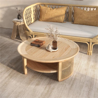 JASIWAY Solid Wood 2-Tiered Japandi Round Coffee Table with Rattan Base