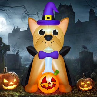 Amazon MICOCAH 5 FT Outdoor Halloween Inflatables French Bulldog Wearing Witch Hat & Vampire Cloak Holding Pumpkin, Built-in LEDs Inflatable Dog Halloween Blow Up Decorations for Yard Indoor Party Garden