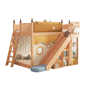 JASIWAY Children's Bunk Bed Solid Wood Loft Bed with Slide Storage and Tent